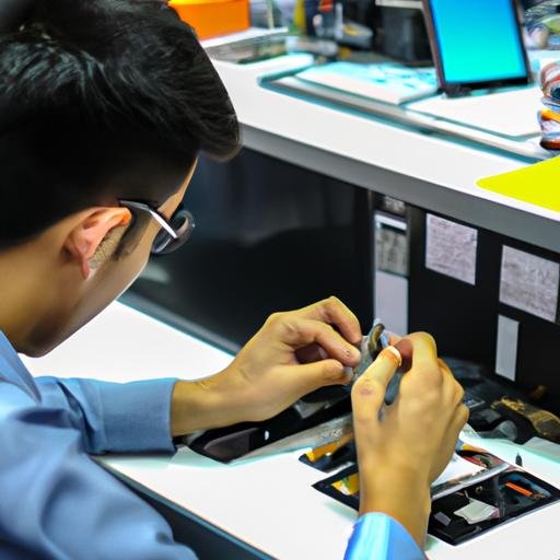 Kỹ thuật viên đang kiểm tra một thiết bị Samsung tại trung tâm bảo hành ở Hải Phòng.