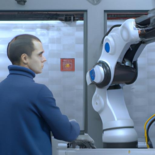 Kỹ thuật viên cánh tay robot công nghiệp đang lập trình và điều khiển máy móc robot tiên tiến trên sàn nhà máy