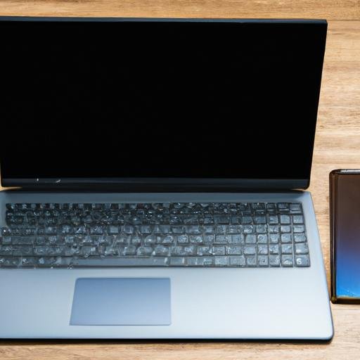 Laptop HP Ryzen 5 với màn hình đen cùng điện thoại di động đặt gần bên trên bàn gỗ