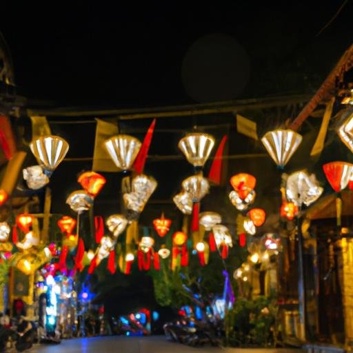 Khung cảnh đêm sôi động của Lễ Thái Hà với những đồ trang trí và đèn lồng truyền thống.