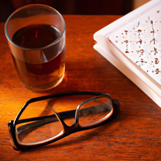Một ly Fa CF bên cạnh một quyển sách và một cặp kính trên bàn gỗ