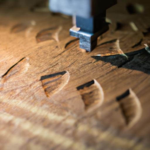 Một máy cắt 1 35 x 3200 cắt những họa tiết phức tạp trên một tấm ván gỗ.