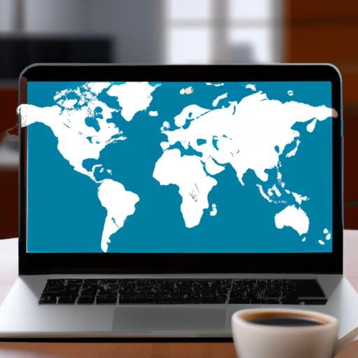 Máy tính xách tay có bản đồ thế giới trên màn hình và cốc cà phê trên bàn làm việc