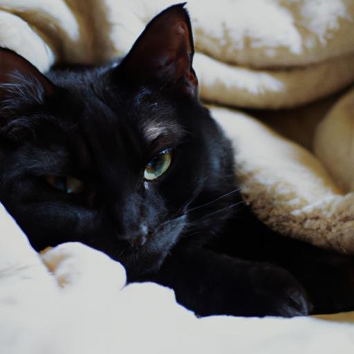 Mèo đen tựa vào chăn ấm trên giường, trông rất thoải mái