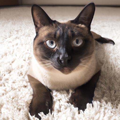 Mèo Siamese nằm trên thảm trắng mịn, nhìn thẳng vào ống kính