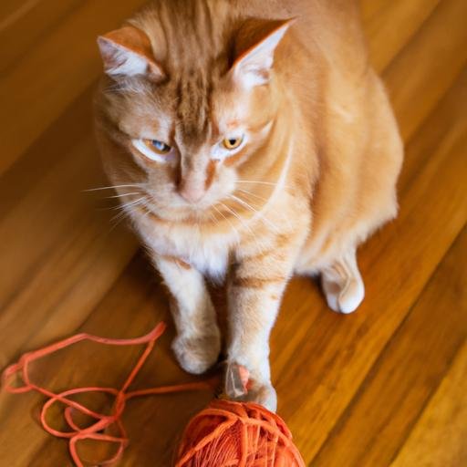 Mèo vàng xù đù chơi với quả cầu len trên sàn gỗ