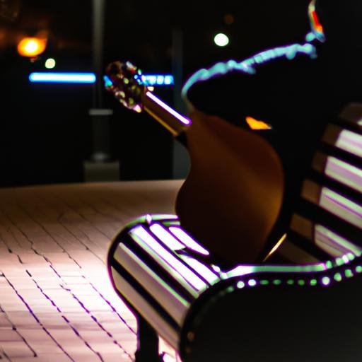 Một người chơi guitar trên ghế đá ở công viên vào ban đêm