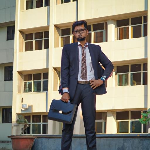 Người đàn ông cầm cặp Rush Man, đứng tự tin trước tòa nhà văn phòng