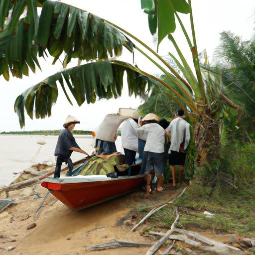 Người dân địa phương tập trung quanh chiếc thuyền nhỏ chở đỗ xá mới thu hoạch về