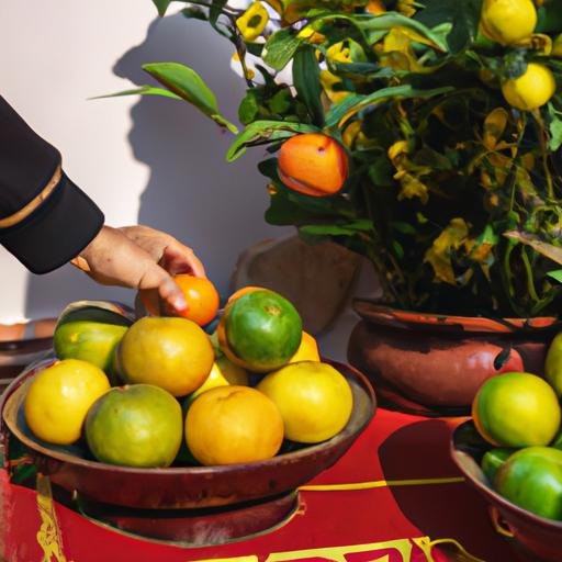 Người đưa trái cam và quýt lên bàn thờ tổ tiên trong dịp tết.