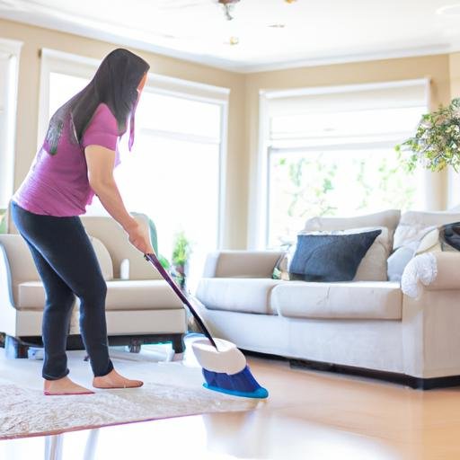 Người giúp việc quét dọn và lau chùi sàn nhà trong phòng khách sáng sủa và thoáng mát.