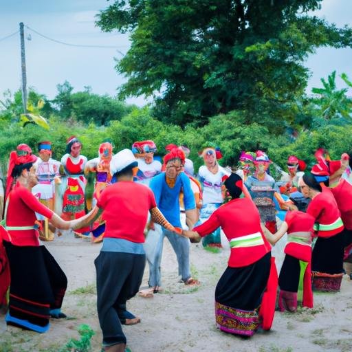 Một nhóm người làng tham gia múa truyền thống để kỷ niệm lễ hội mùa vụ, nằm trong trung tâm của Đường 19 tháng 5 Buôn Ma Thuột.
