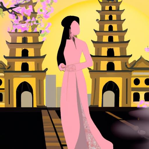 Minh họa một người phụ nữ trong bộ áo dài Việt Nam thanh lịch trước nền đền thờ