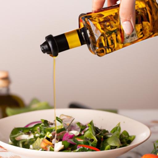 Người rót dầu ngoạij lên một đĩa salad tươi