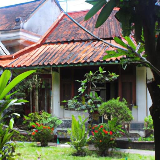 Ngôi nhà truyền thống của người Việt ở Phường Phước Bình, với một khu vườn đẹp phía trước và mái ngói màu đỏ.
