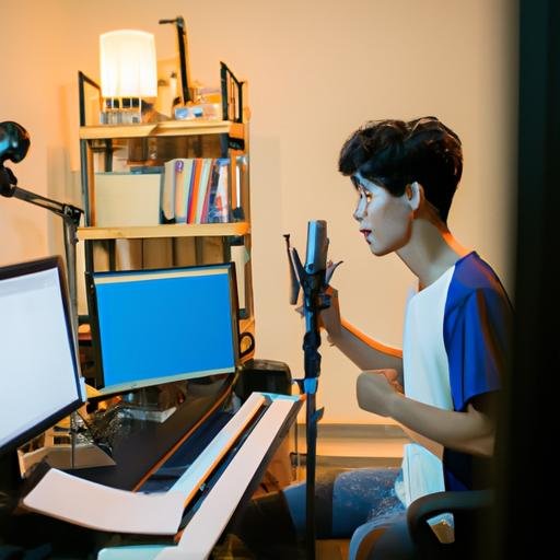 Một nhạc sĩ trẻ sáng tác và thu âm các ca khúc nhạc c1 tại phòng thu nhà riêng.