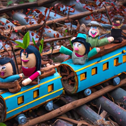 Các nhân vật chính đang cưỡi trên đoàn tàu được làm từ nhánh cây