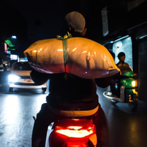 Nhân viên giao hàng đang đi giao đồ ăn trên xe máy vào khoảng giữa đêm ở Hà Nội