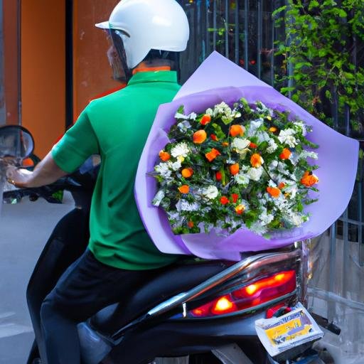 Nhân viên giao hoa từ Shop hoa mười giờ mang theo bó hoa lớn