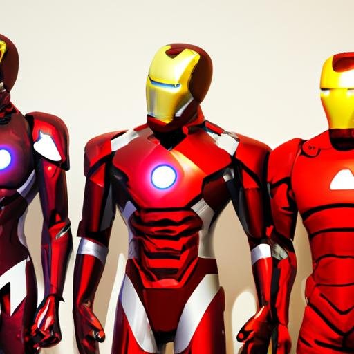 Một nhóm bộ giáp Iron Man với nhiều màu sắc và thiết kế khác nhau