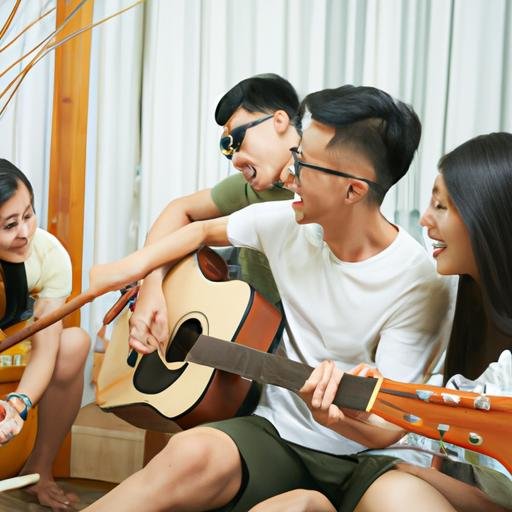 Những người bạn hát và chơi đàn hợp âm Anh Nhà cùng nhau.