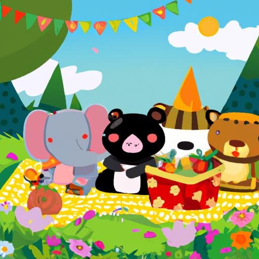 Một nhóm các loài động vật hoạt hình đáng yêu đang ăn picnic trên đồng hoa.