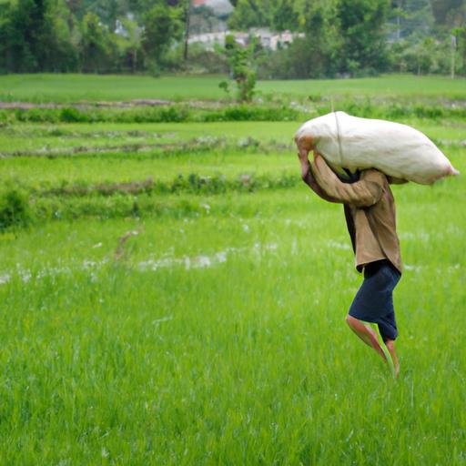Một nông dân vác túi đầy đỗ xá thu hoạch trên vai trong cánh đồng xanh rì