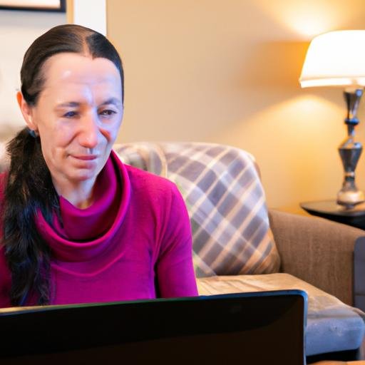 Một phụ nữ đang gõ phím trên máy tính xách tay tại nhà trong buổi phỏng vấn qua video