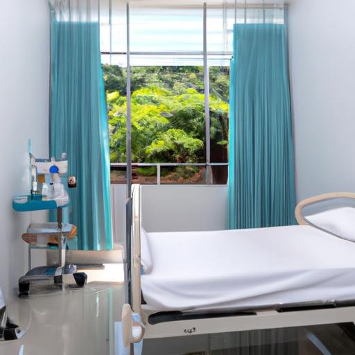 Phòng bệnh với giường ngủ thoải mái, thiết bị y tế hiện đại và cửa sổ lớn hướng ra khu vườn