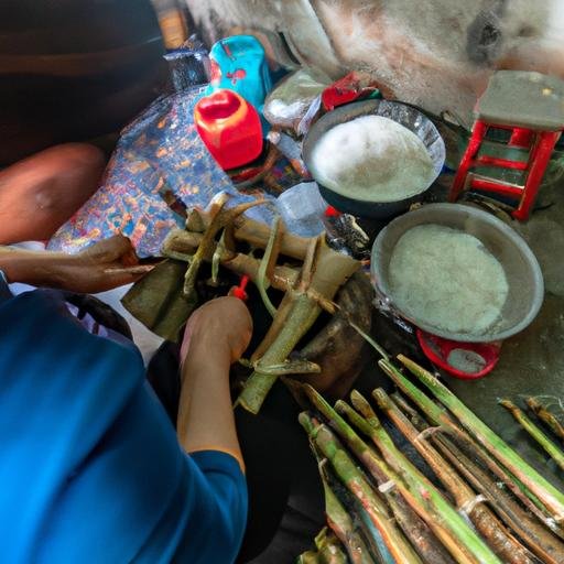 Người phụ nữ làm bánh tét truyền thống tại chợ nông thôn trên Hương Lộ 10