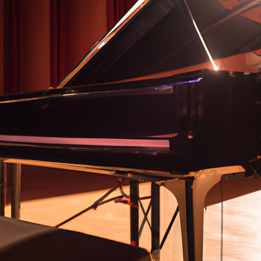 Một cây đàn piano lớn tại hội trường, được chiếu sáng bởi ánh đèn trợ sáng, đang chờ đợi nghệ sĩ piano tài năng đến để biểu diễn.