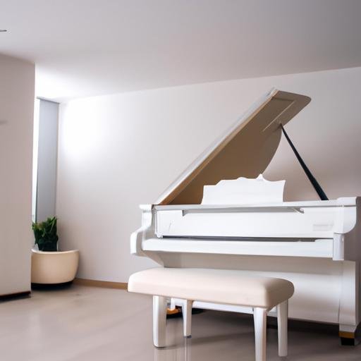 Một cây piano hiện đại màu trắng, đặt trong một phòng khách trang nhã và tối giản.