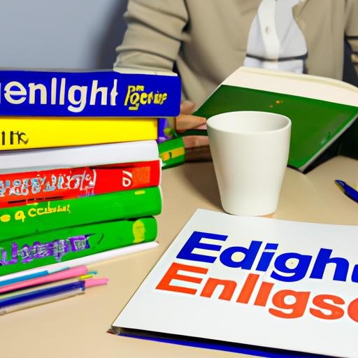 Một người ngồi tại bàn làm việc và bao quanh bởi những quyển sách giáo khoa tiếng Anh.