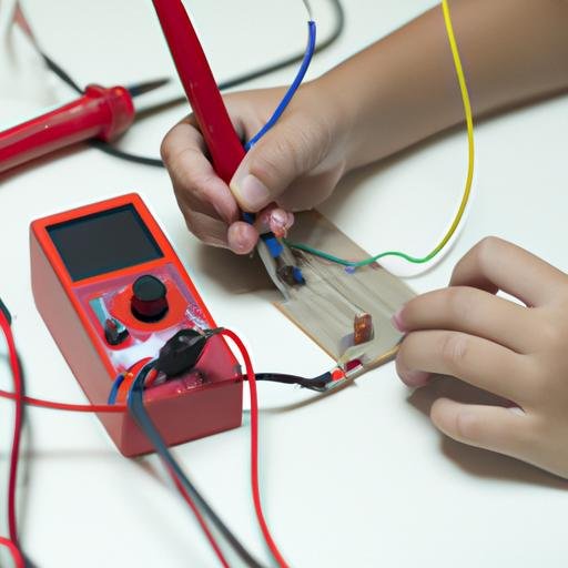 Sinh viên sử dụng dụng dụng đo đa năng để kiểm tra mạch điện tử.