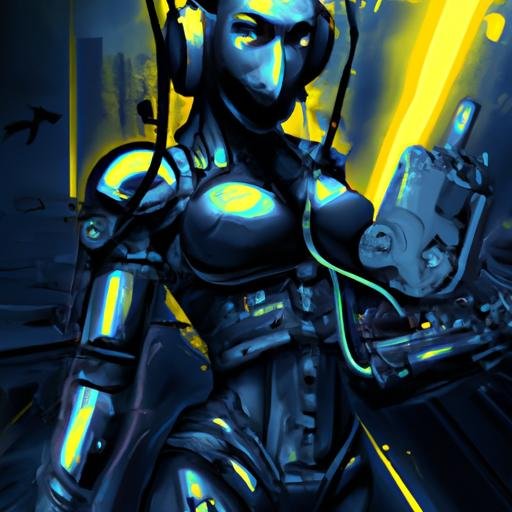 Tác phẩm nghệ thuật phong cách Cyberpunk với một robot nữ cầm súng và đeo khẩu trang.