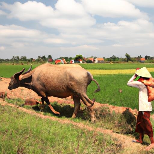 Hình ảnh trâu cày ruộng cùng người nông dân làm việc để cấy lúa.