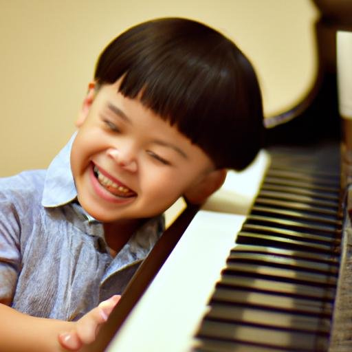 Đứa trẻ đang thích thú khi chơi đàn piano, với nụ cười rạng rỡ