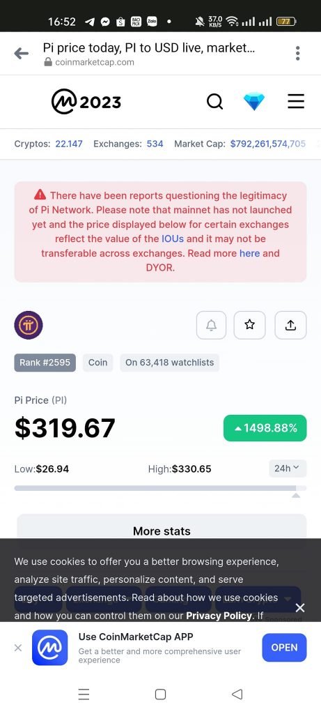 Giá Pi Network trên Coinmarketcap