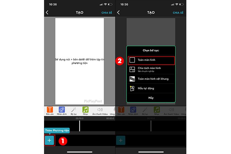 Nhấn vào biểu tượng dấu cộng ở góc trái dưới màn hình để thêm video. Sau đó, cửa sổ Chọn bố cục xuất hiện, bạn chọn bố cục Toàn màn hình.